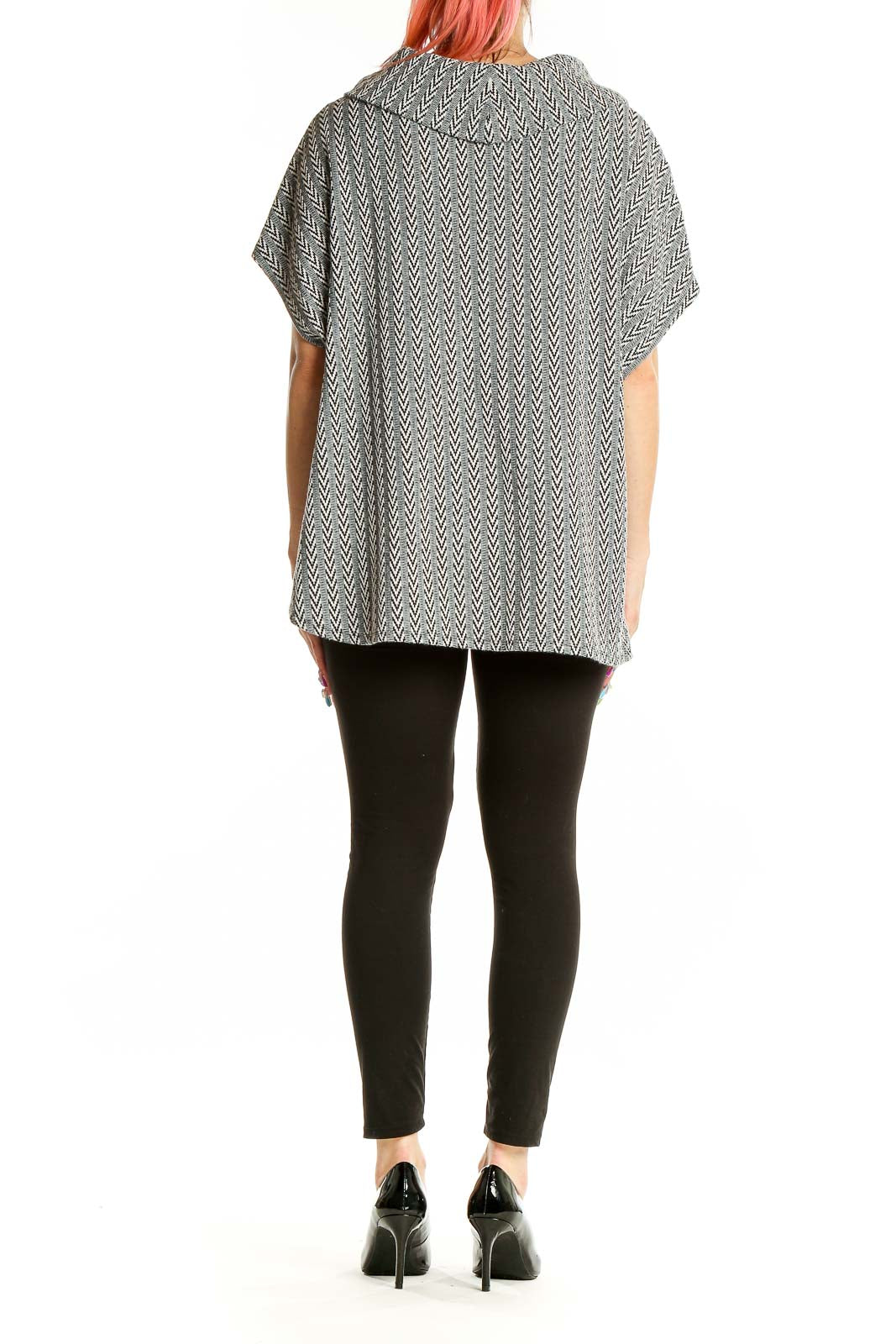 Back view of Chaus gray chevron knit poncho top on model