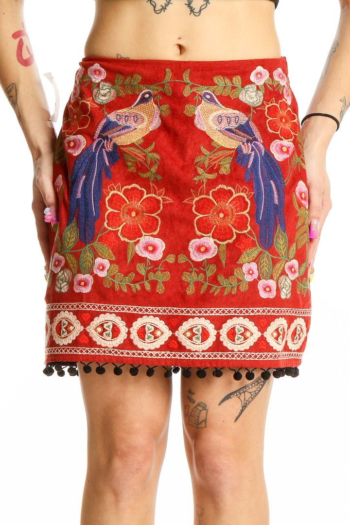 Red Bohemian Holiday Embroidered Skirt