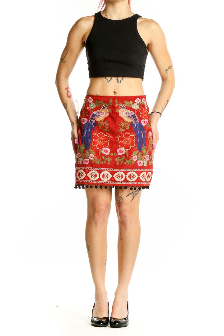 Red Bohemian Holiday Embroidered Skirt