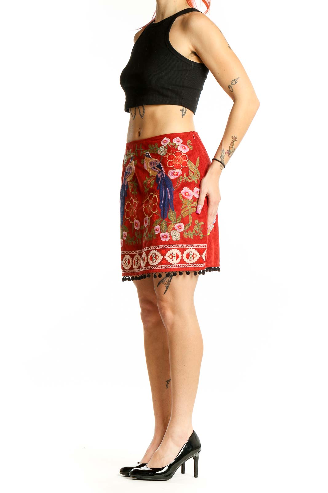 Red Bohemian Holiday Embroidered Skirt