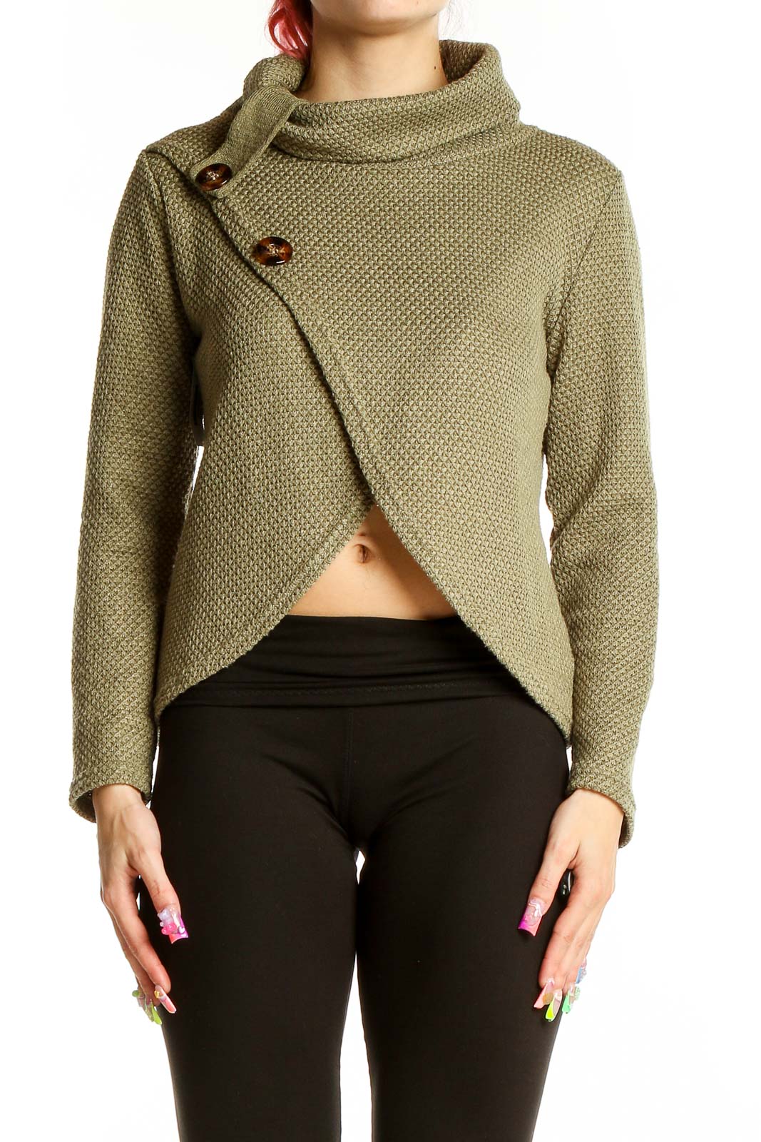 Front view of olive textured asymmetric sweater by SilkRoll