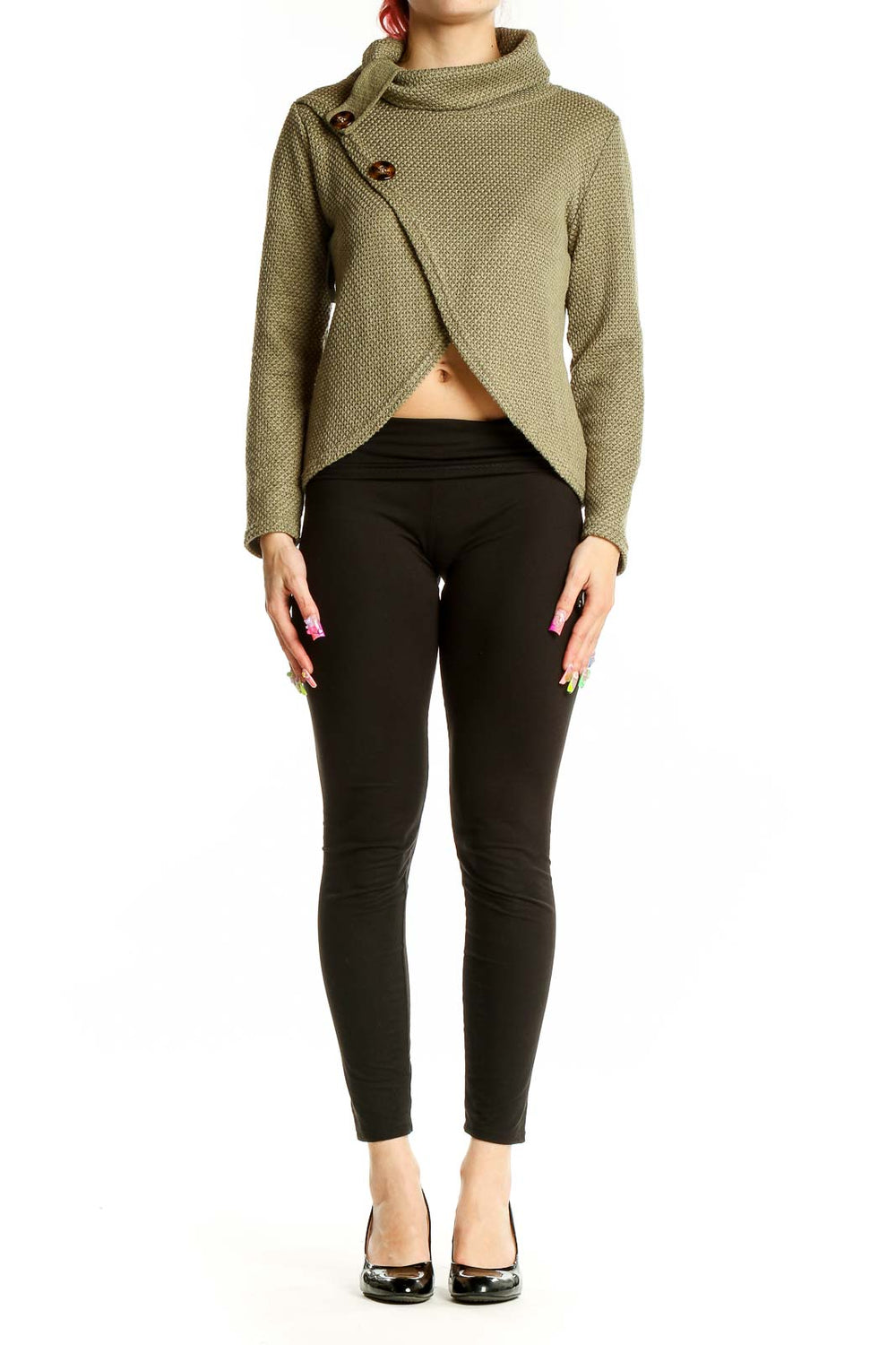 Front view of olive textured asymmetric sweater by SilkRoll