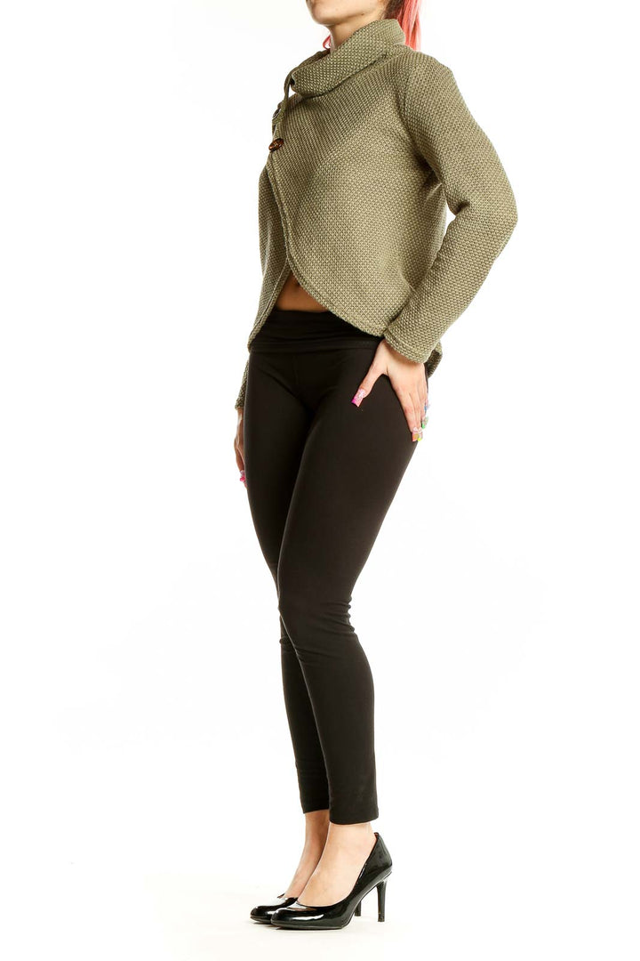 Front view of olive textured asymmetric sweater by SilkRoll