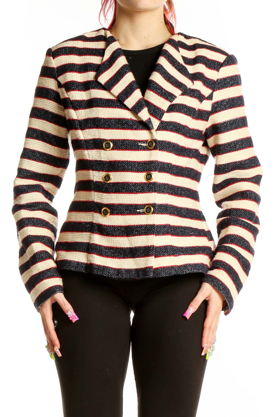 Front view of Cabi cream and navy striped double-breasted jacket