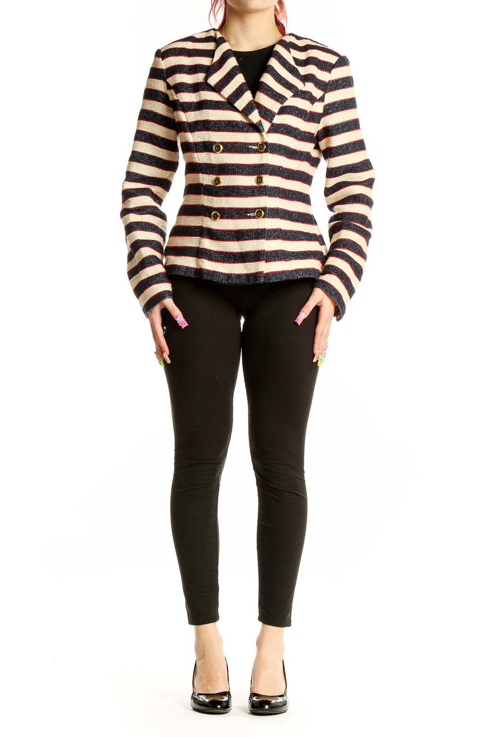 Front view of Cabi cream and navy striped double-breasted jacket