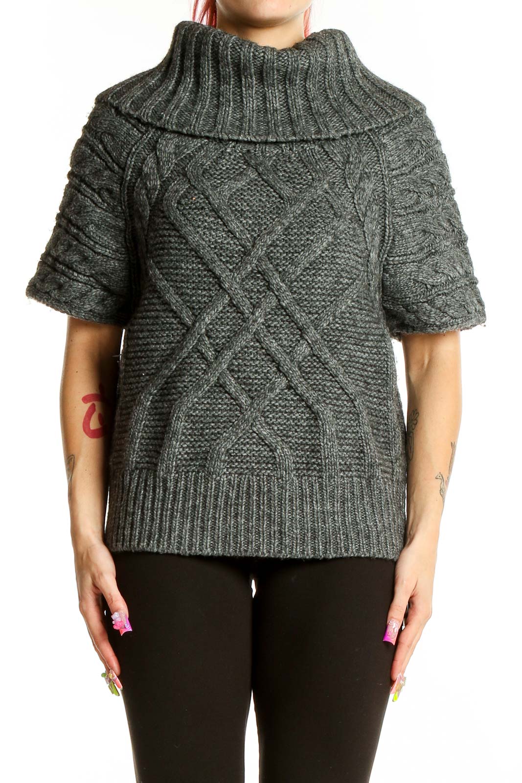 Front view of gray cable knit turtleneck sweater from LOFT