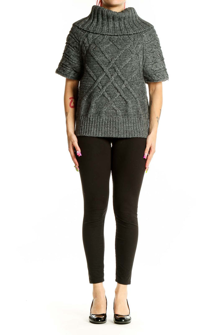 Front view of gray cable knit turtleneck sweater from LOFT