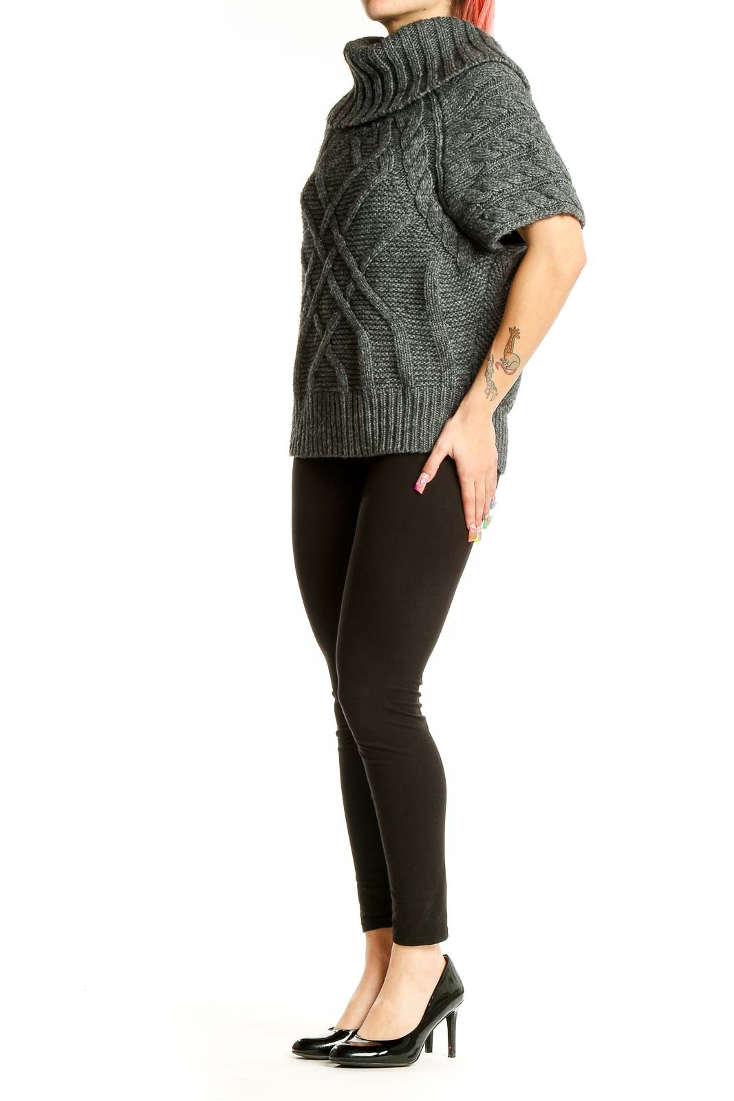 Front view of gray cable knit turtleneck sweater from LOFT