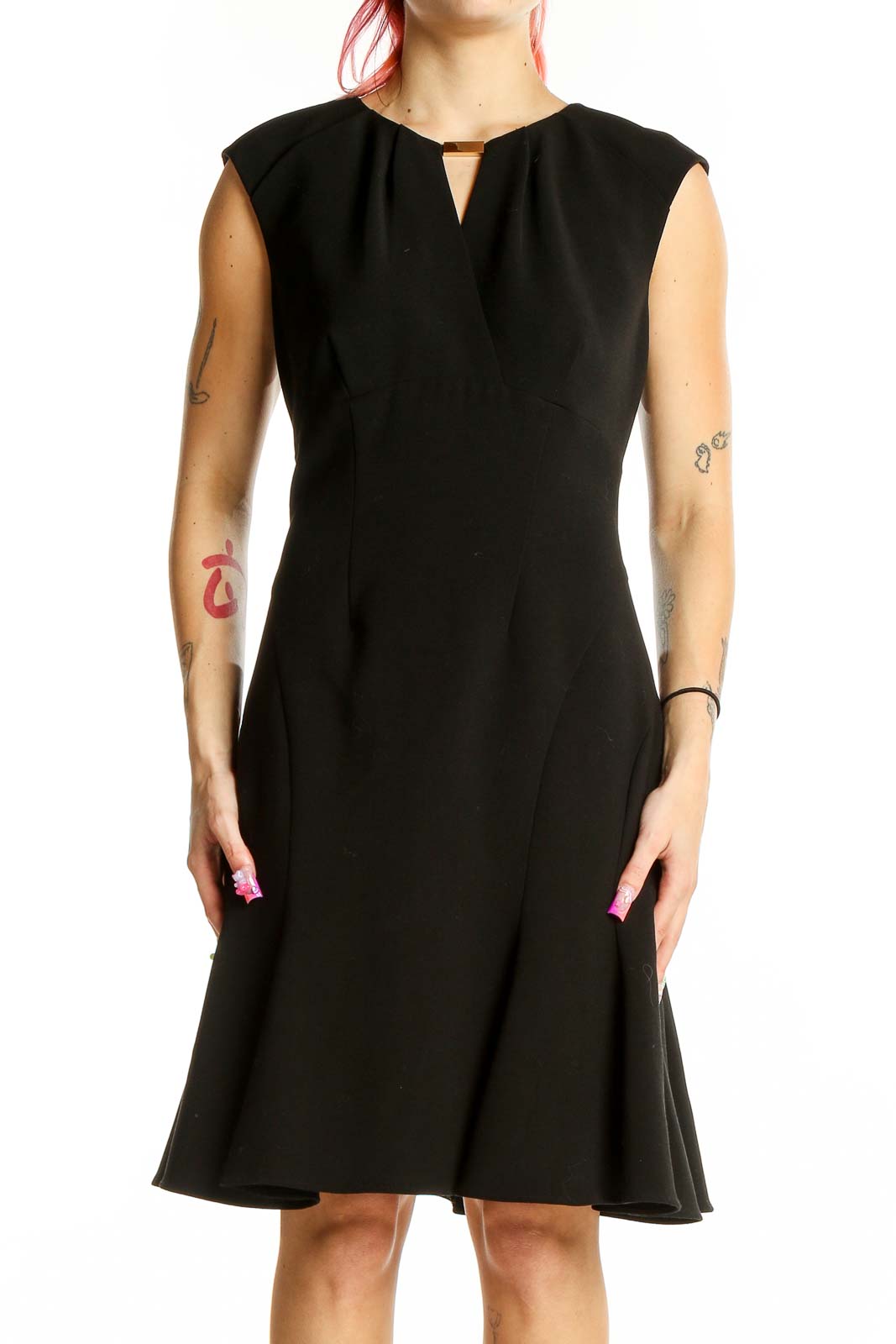 Front view of Ann Taylor black sleeveless fit-and-flare dress with keyhole neckline