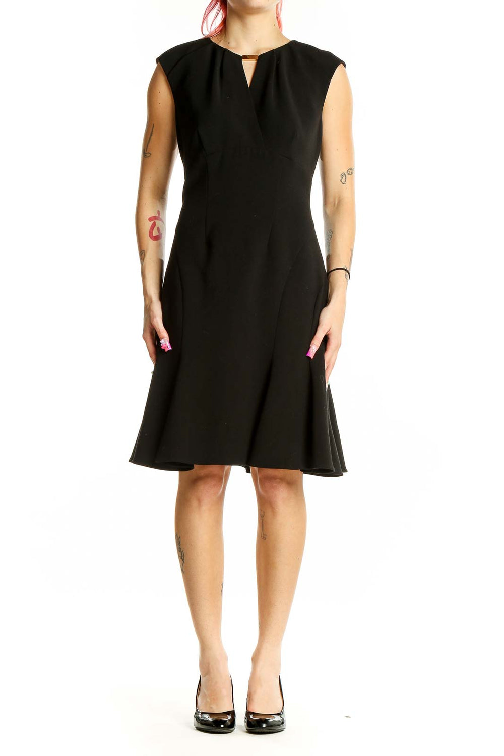 Front view of Ann Taylor black sleeveless fit-and-flare dress with keyhole neckline