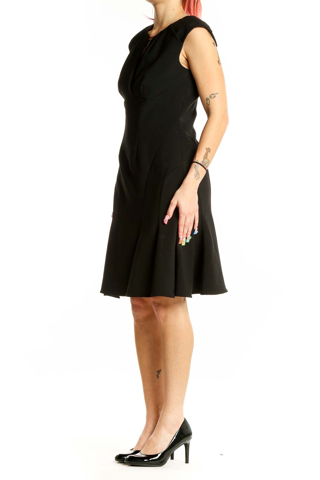 Front view of Ann Taylor black sleeveless fit-and-flare dress with keyhole neckline