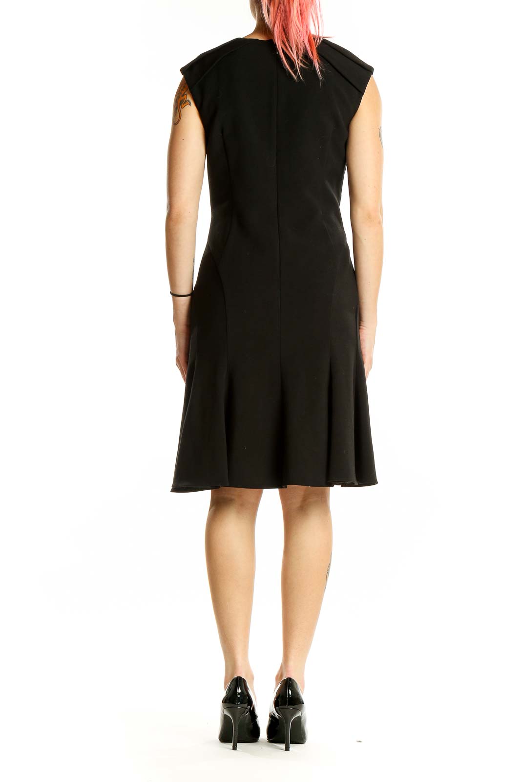 Back view of Ann Taylor black sleeveless fit-and-flare dress showing flared skirt