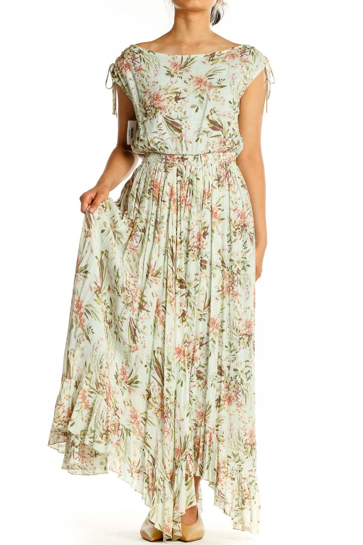 Front view of Mia Joy mint floral maxi dress with boat neckline and cap sleeves