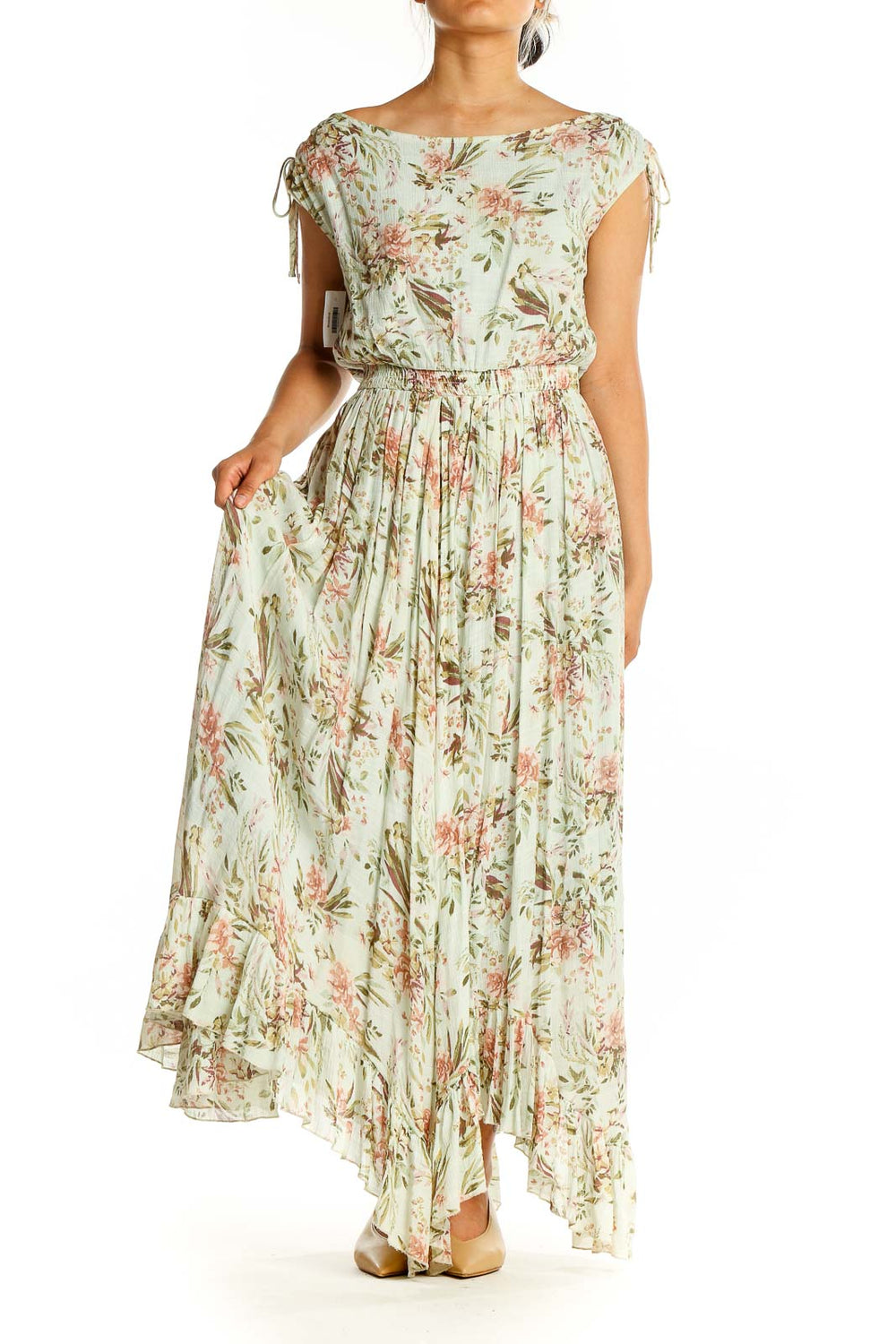 Front view of Mia Joy mint floral maxi dress with boat neckline and cap sleeves