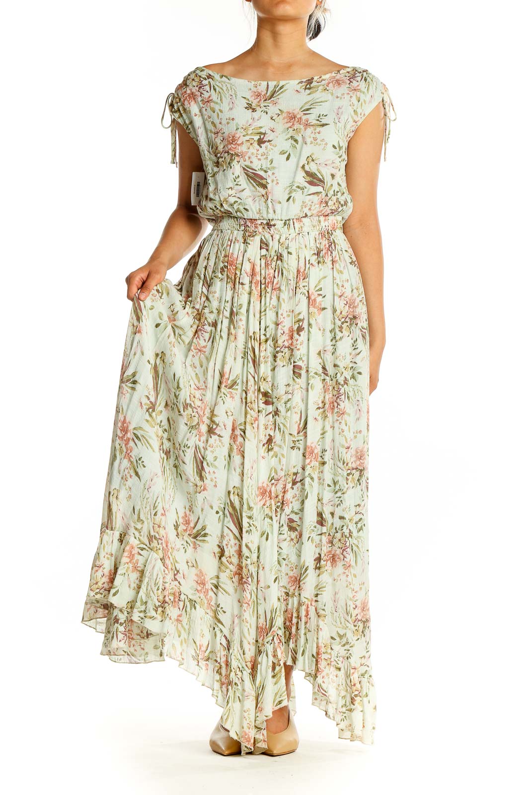 Front view of Mia Joy mint floral maxi dress with boat neckline and cap sleeves