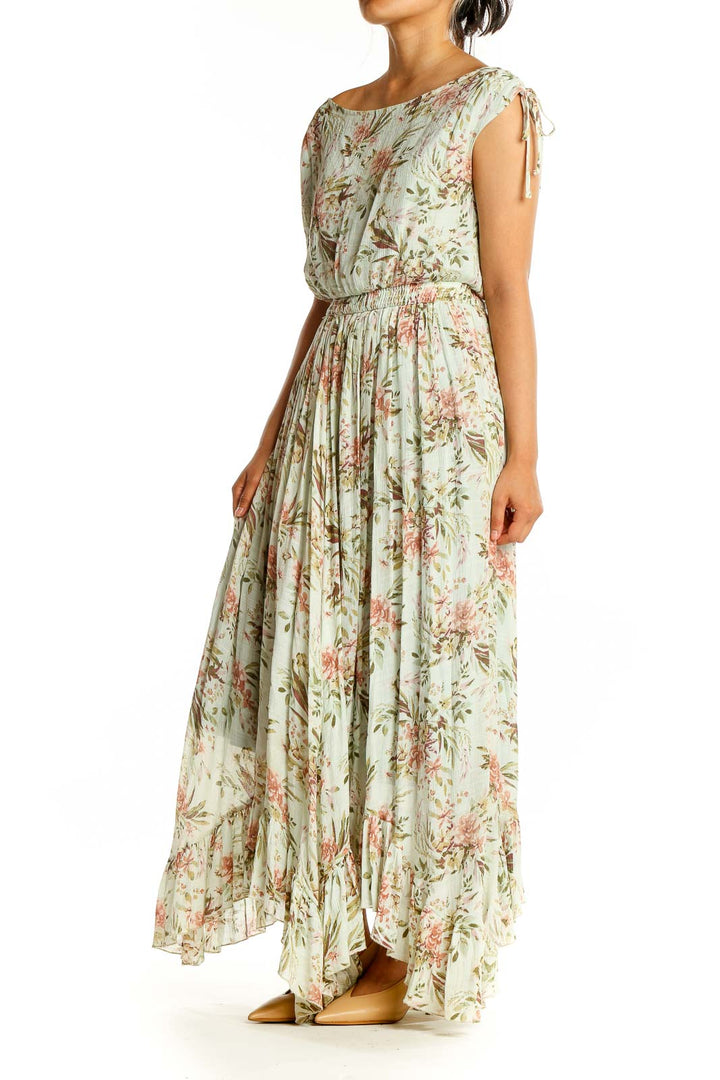 Front view of Mia Joy mint floral maxi dress with boat neckline and cap sleeves