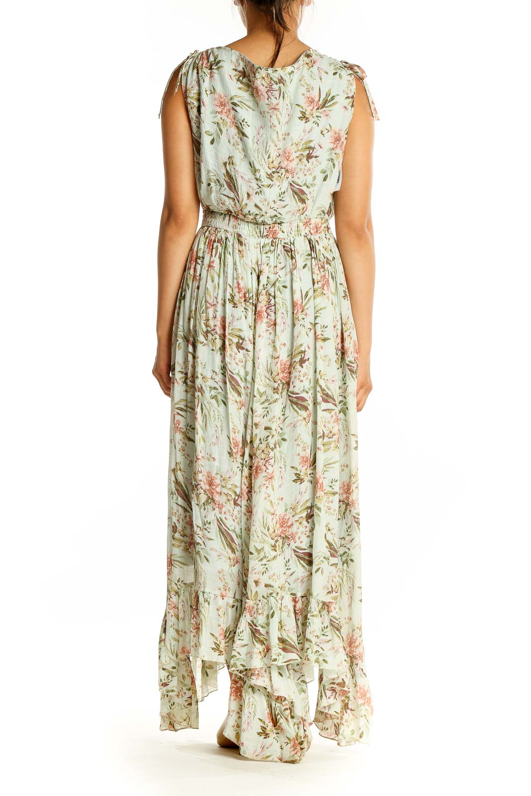 Back view of Mia Joy mint floral maxi dress showing asymmetrical hem and gathered waist