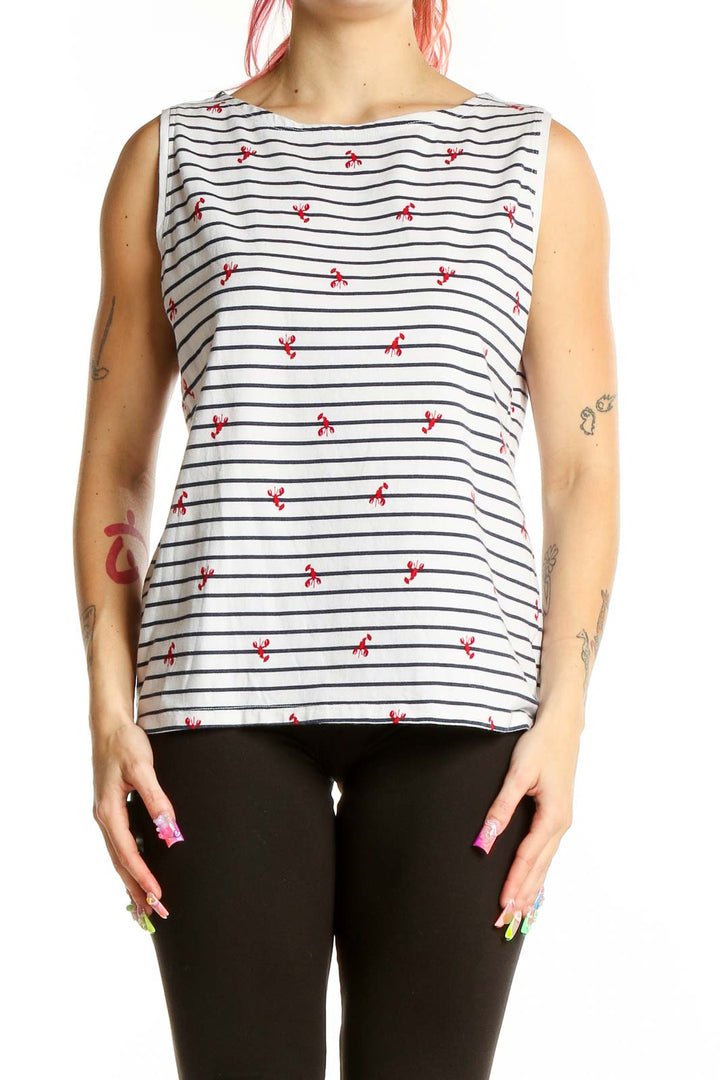 Front view of Talbots white striped sleeveless top with red cherry prints