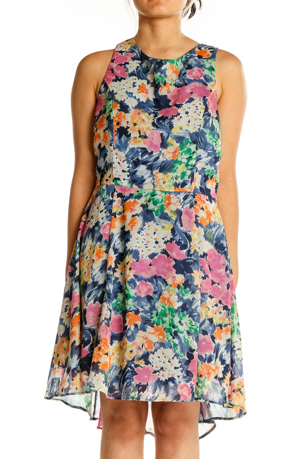 Front view of Pink Owl multicolor floral sleeveless chiffon dress with A-line silhouette