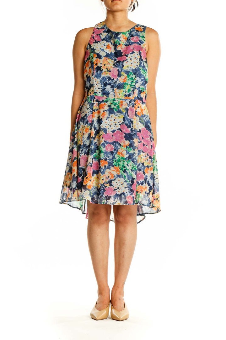 Front view of Pink Owl multicolor floral sleeveless chiffon dress with A-line silhouette