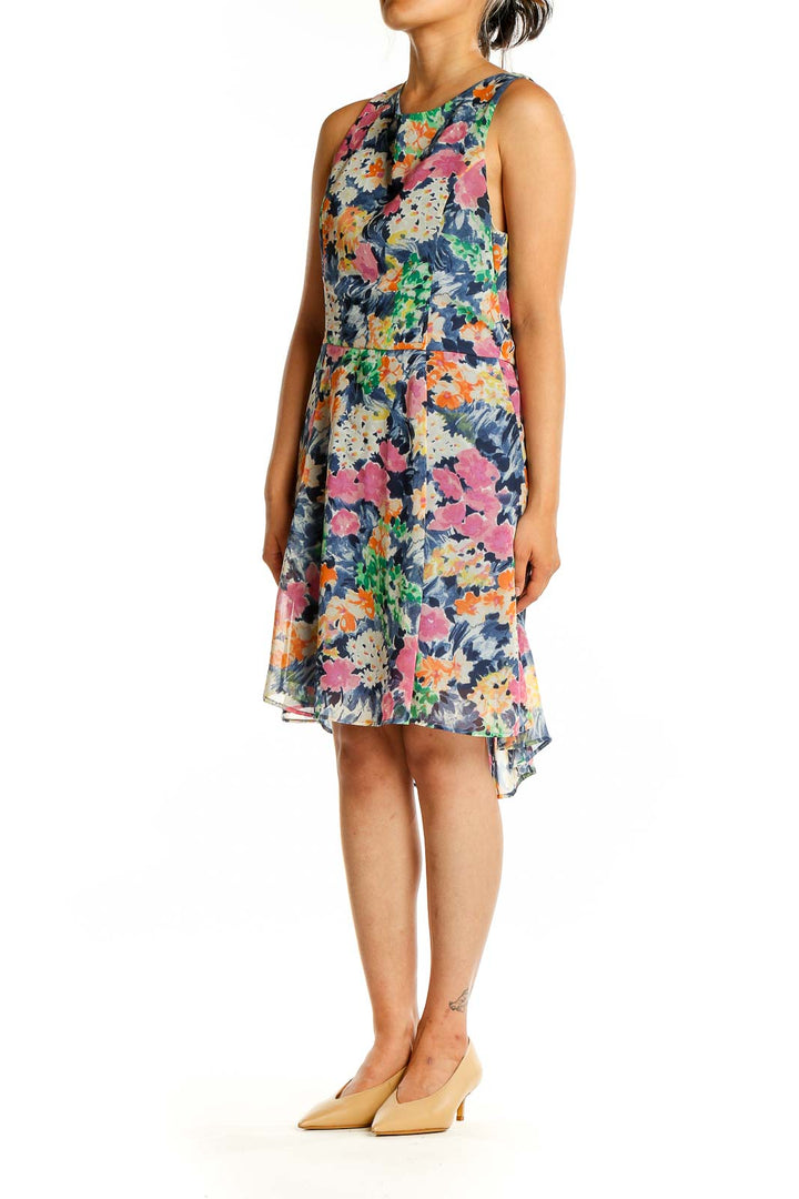 Front view of Pink Owl multicolor floral sleeveless chiffon dress with A-line silhouette