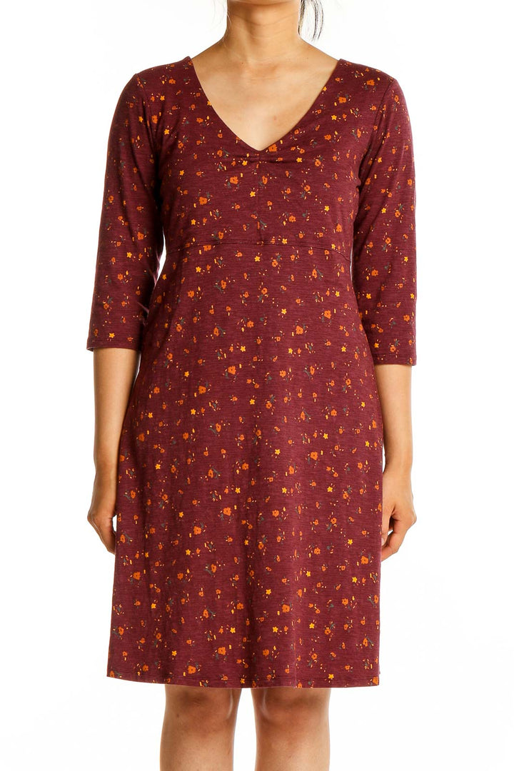 Front view of Toad&Co burgundy floral print V-neck dress