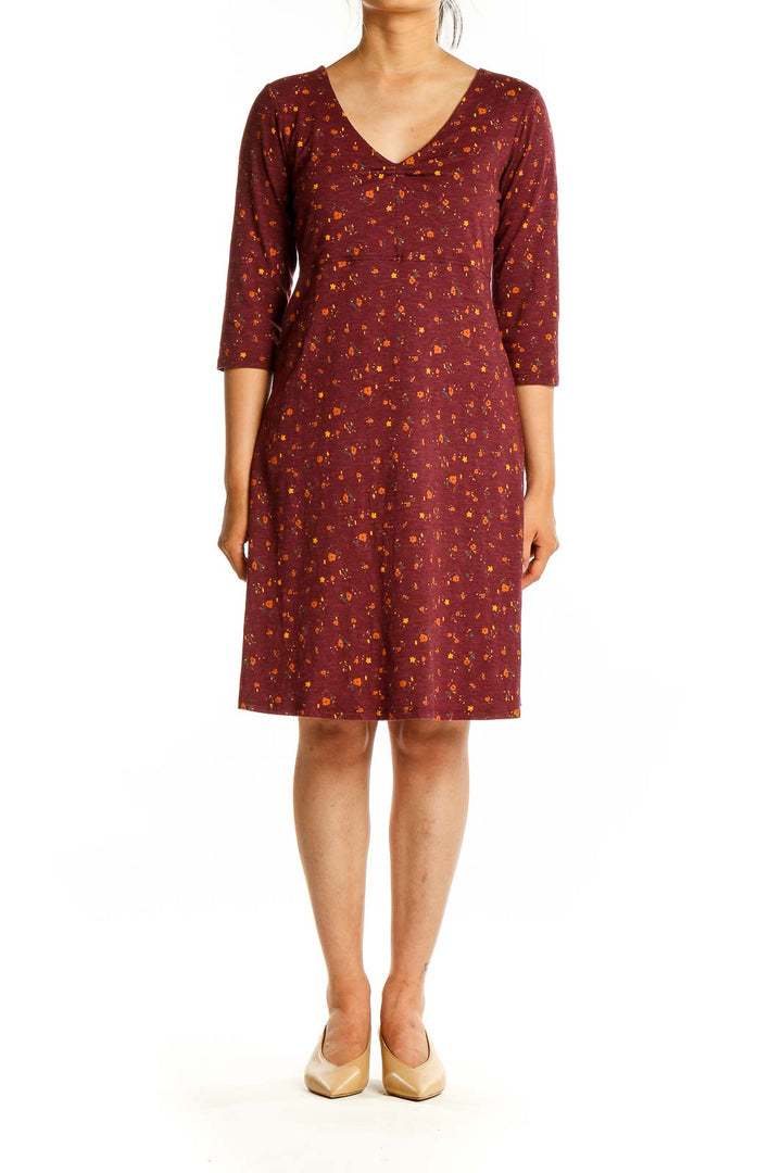 Front view of Toad&Co burgundy floral print V-neck dress