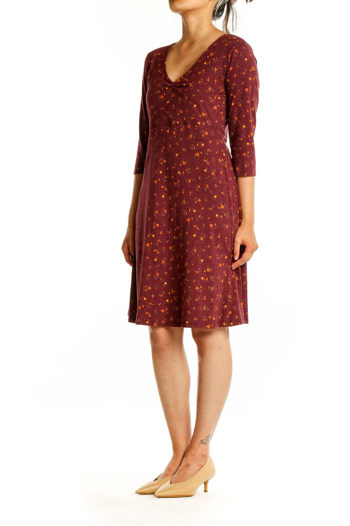 Front view of Toad&Co burgundy floral print V-neck dress