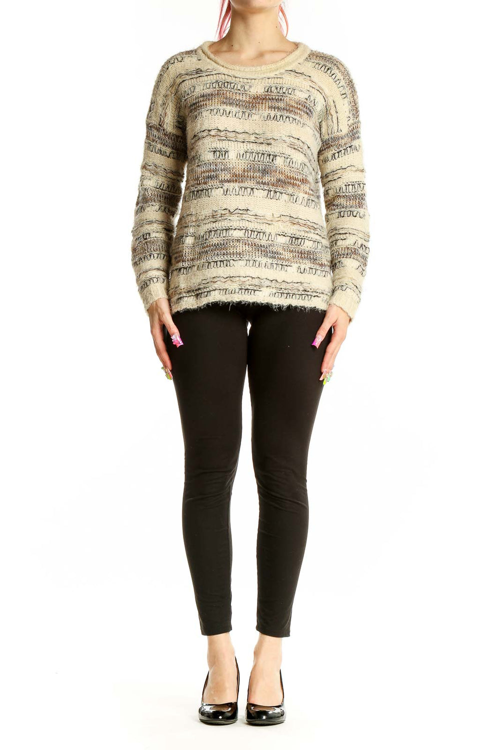 Front view of Sisters beige textured knit sweater with intricate patterns