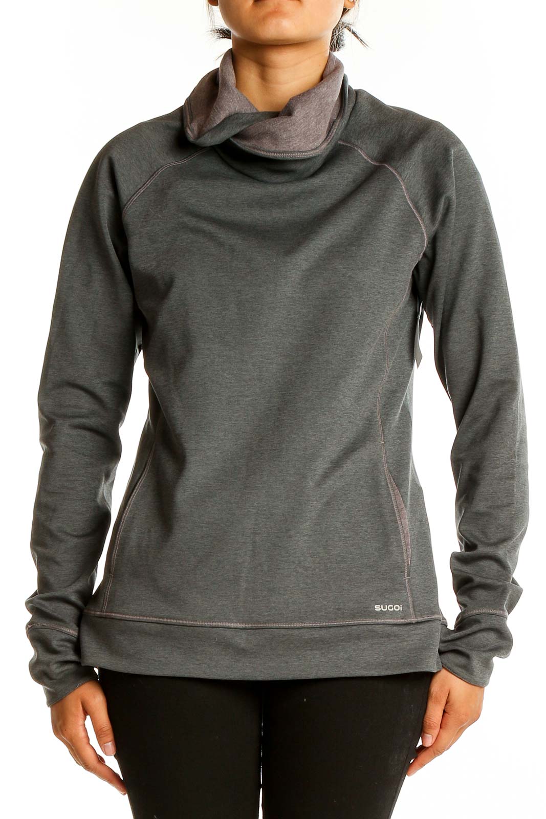 Front view of gray SUGOI cowl neck athletic pullover