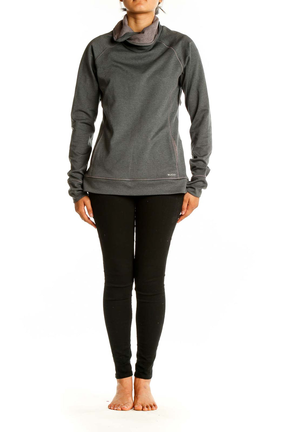 Front view of gray SUGOI cowl neck athletic pullover