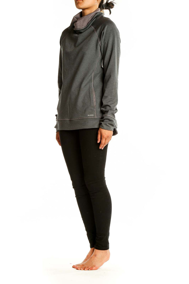 Front view of gray SUGOI cowl neck athletic pullover