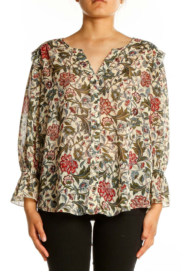 Front view of beige floral print ruffle blouse by Democracy