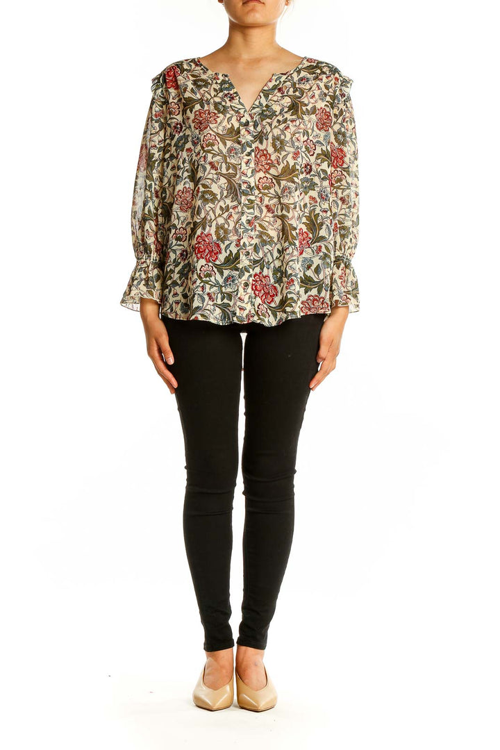 Front view of beige floral print ruffle blouse by Democracy