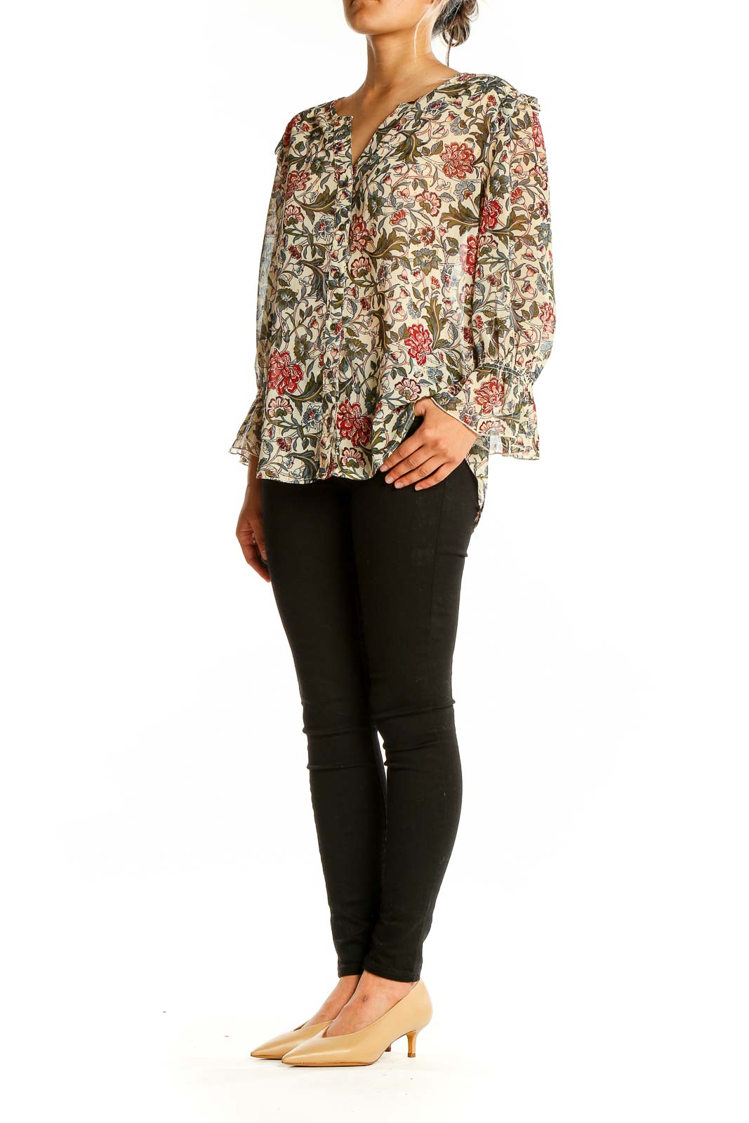 Front view of beige floral print ruffle blouse by Democracy