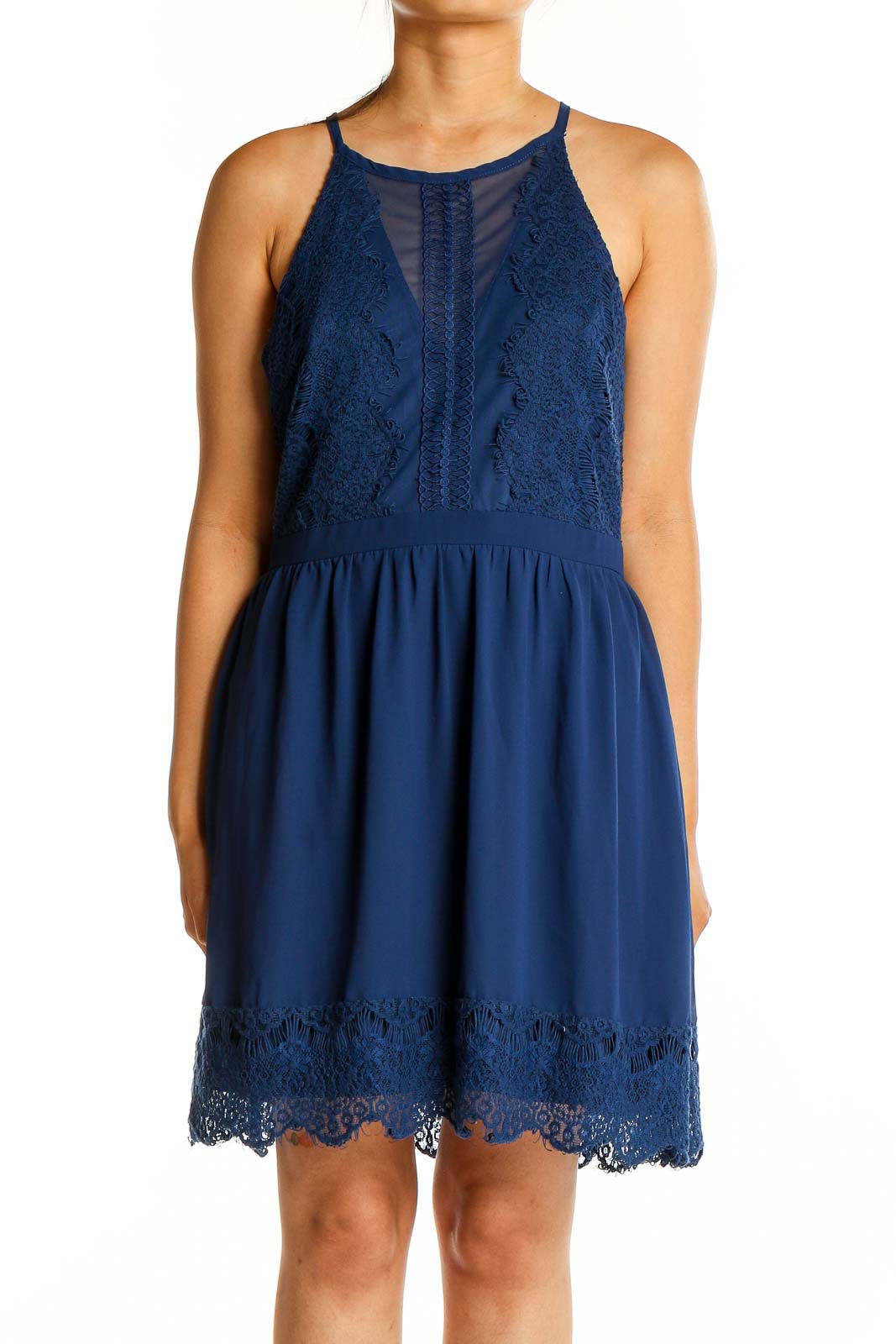 Front view of Francesca's navy lace trim halter dress with fitted bodice and flowy skirt