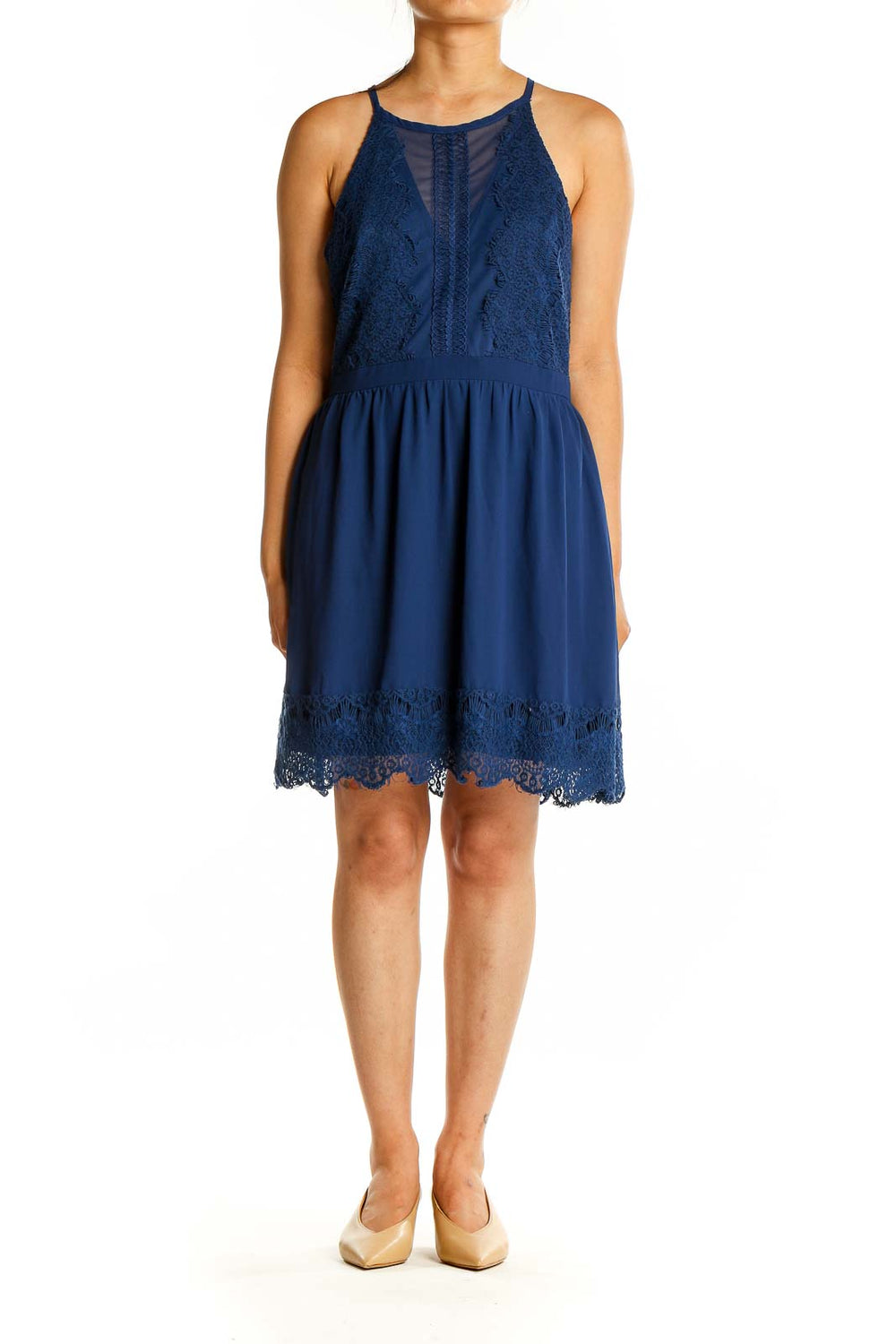 Front view of Francesca's navy lace trim halter dress with fitted bodice and flowy skirt