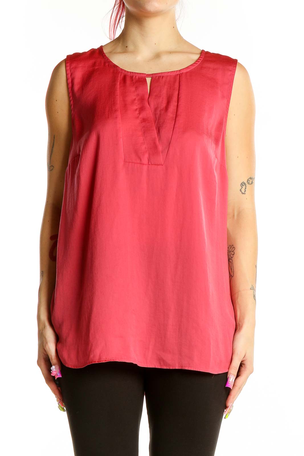 Front view of red sleeveless Cabi blouse with keyhole neckline