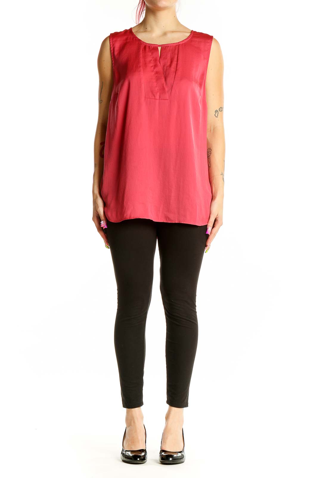 Front view of red sleeveless Cabi blouse with keyhole neckline