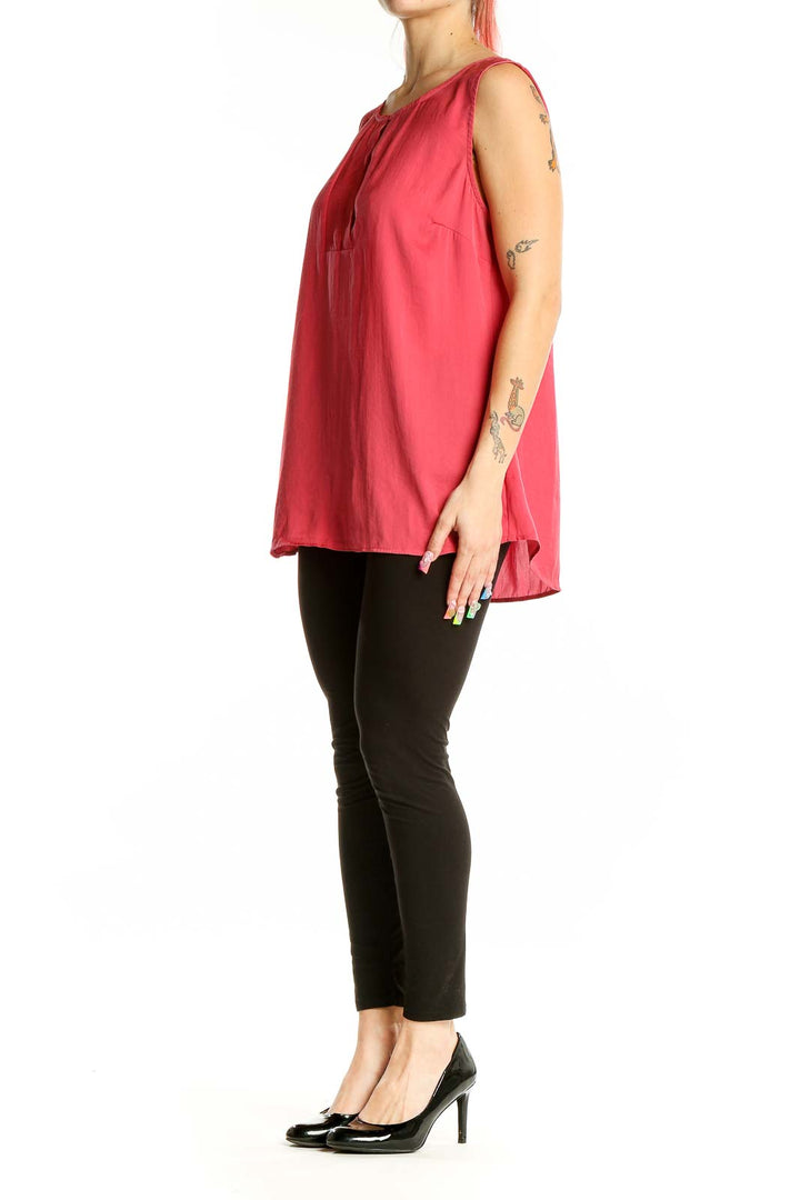 Front view of red sleeveless Cabi blouse with keyhole neckline