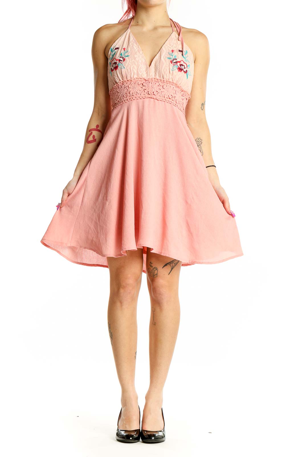 Front view of Flying Tomato pink halter sundress with floral embroidery