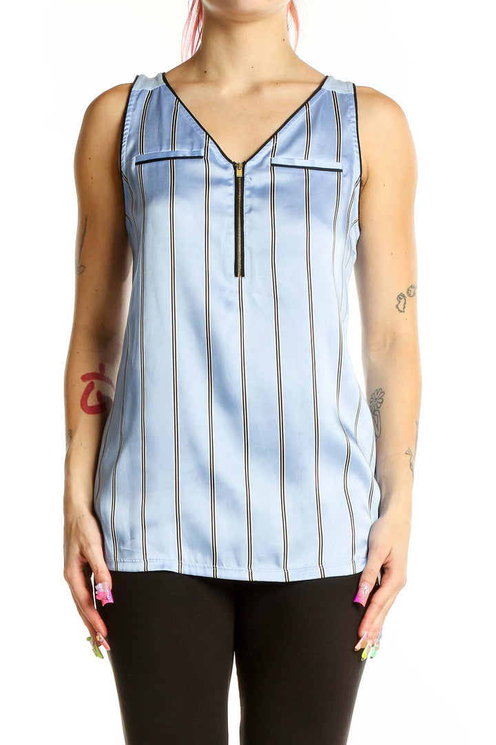 Front view of Express light blue striped sleeveless blouse with V-neck and zip closure