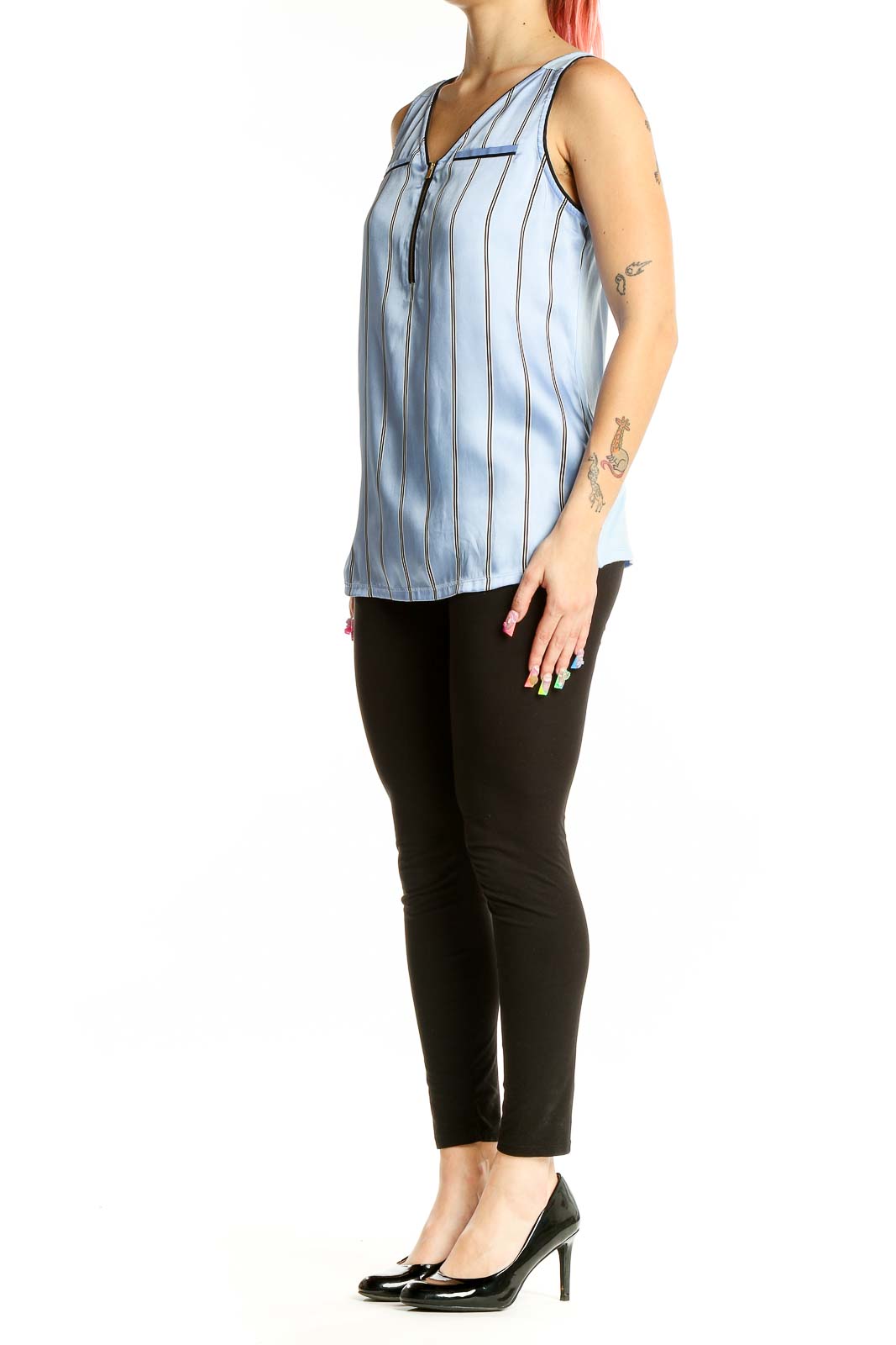 Front view of Express light blue striped sleeveless blouse with V-neck and zip closure