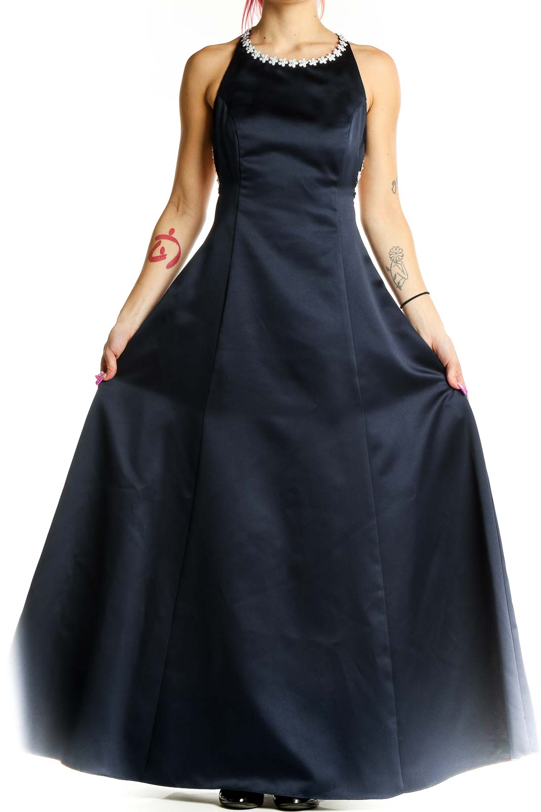 Front view of navy Bari Jay gown with pearl-embellished halter neckline