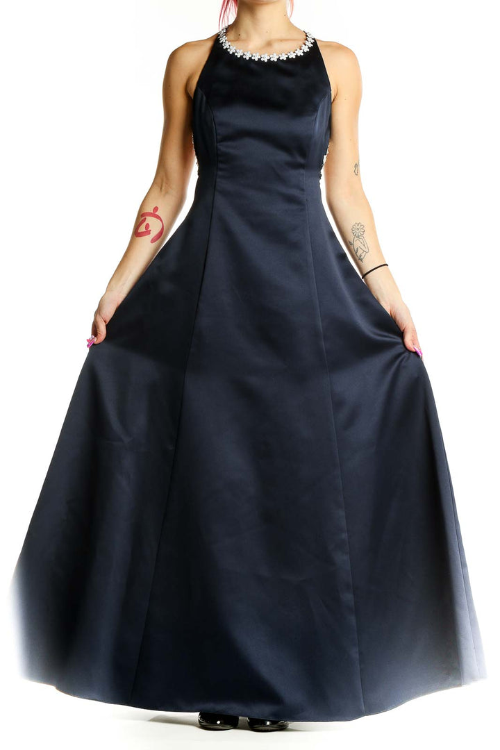 Front view of navy Bari Jay gown with pearl-embellished halter neckline