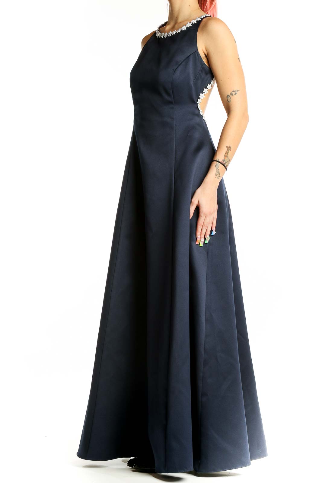 Front view of navy Bari Jay gown with pearl-embellished halter neckline