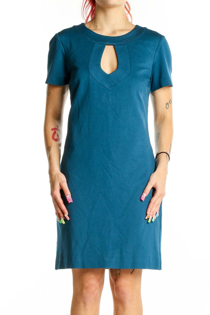 Front view of teal Trina Turk dress with keyhole neckline