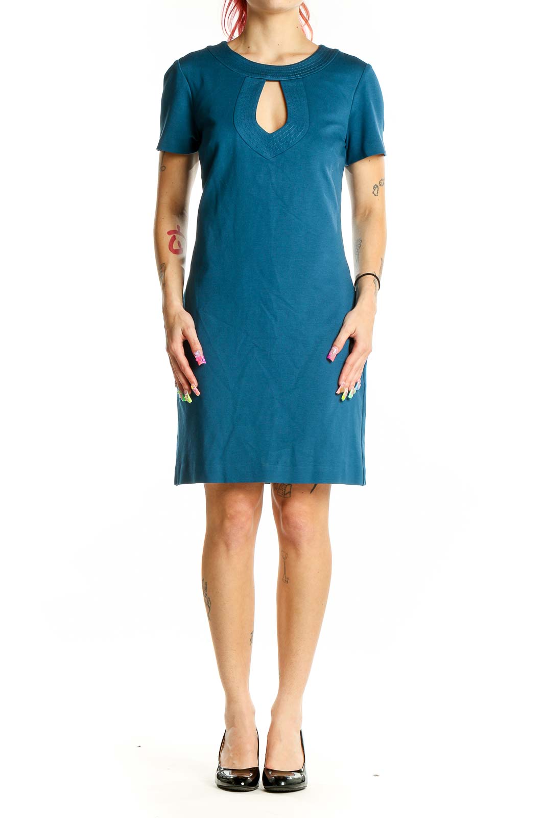 Front view of teal Trina Turk dress with keyhole neckline