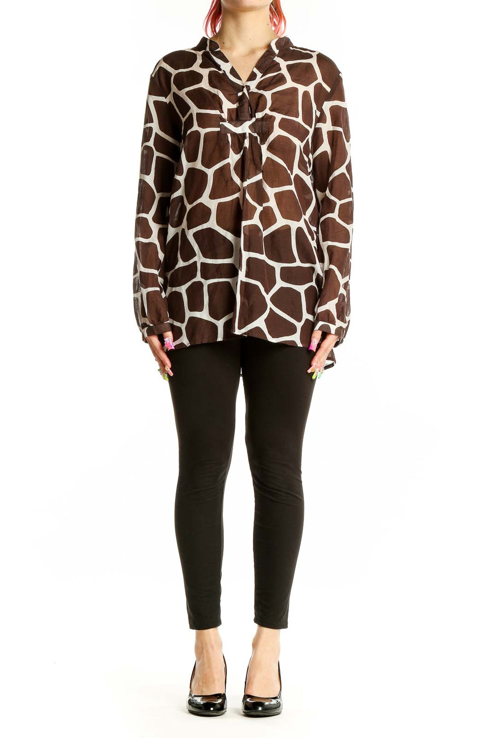 Front view of MICHAEL Michael Kors brown giraffe print blouse with V-neck and tie detail