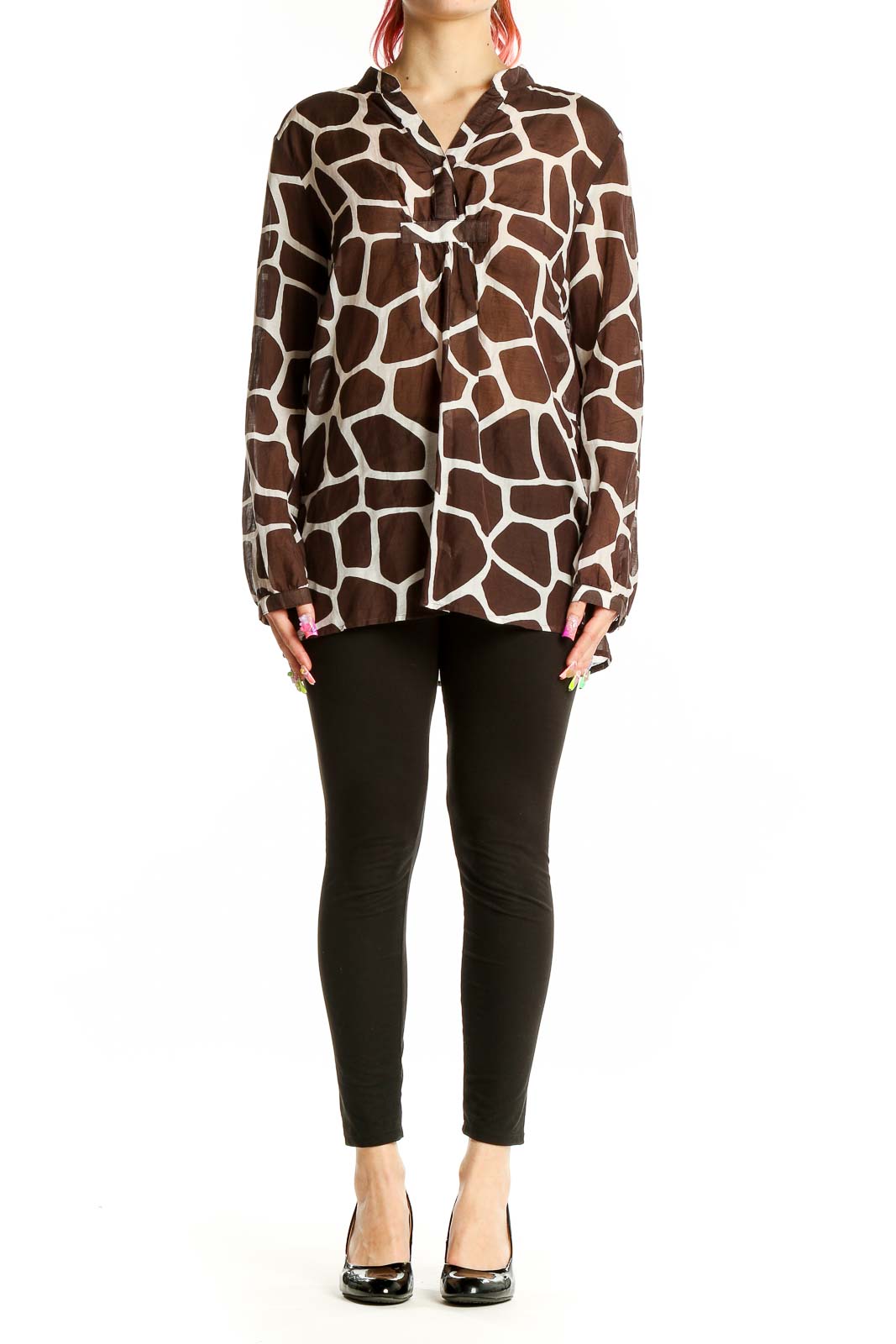 Front view of MICHAEL Michael Kors brown giraffe print blouse with V-neck and tie detail